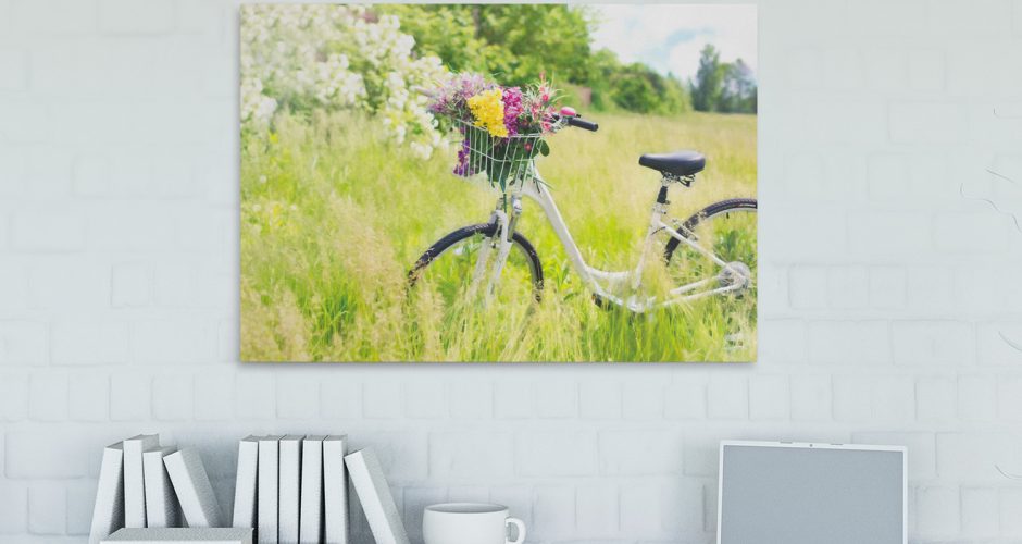Πίνακες - Καλάθι με λουλούδια σε λευκό ποδήλατο