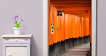 Αυτοκόλλητα Πόρτας - Πορτοκαλί τούνελ από ξύλα