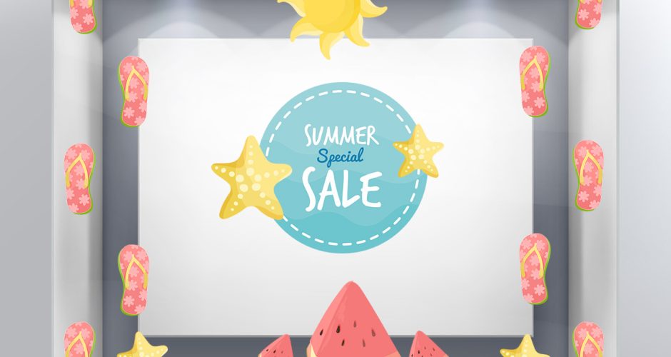 Αυτοκόλλητα Εκπτώσεων & Προσφορών - Special Summer Sales με σαγιονάρες και καρπούζι
