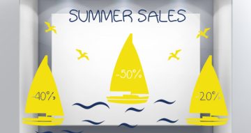 Αυτοκόλλητα Εκπτώσεων & Προσφορών - Summer Sales με 3 βάρκες, κύματα και γλάρους (διχρωμία)