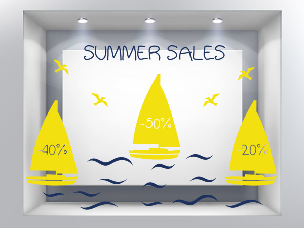 Αυτοκόλλητα Εκπτώσεων & Προσφορών - Summer Sales με 3 βάρκες, κύματα και γλάρους (διχρωμία)