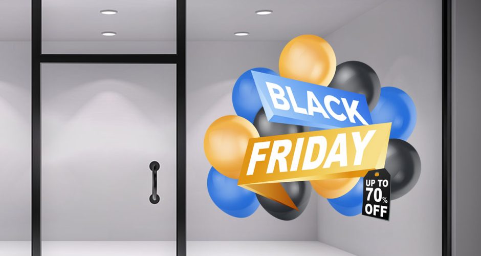 Αυτοκόλλητα Black Friday - Black Friday με πολύχρωμα μπαλόνια