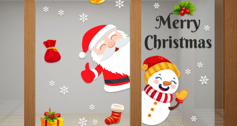 Αυτοκόλλητα Καταστημάτων - Ο Άγιος Βασίλης και ο Χιονάνθρωπος χαιρετούν!