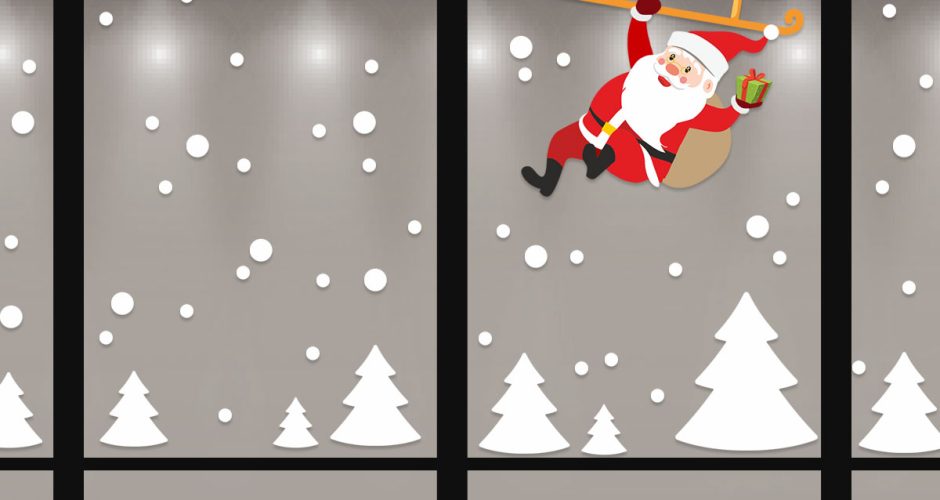 Αυτοκόλλητα Καταστημάτων - Άγιος Βασίλης κρέμεται από το έλκηθρο