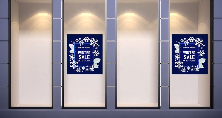 Αυτοκόλλητα Εκπτώσεων & Προσφορών - Winter Sale - Μπλε φόντο και χιονονιφάδες