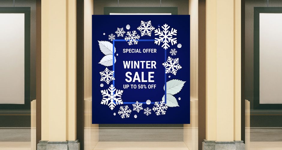 Αυτοκόλλητα Εκπτώσεων & Προσφορών - Winter Sale - Μπλε φόντο και χιονονιφάδες