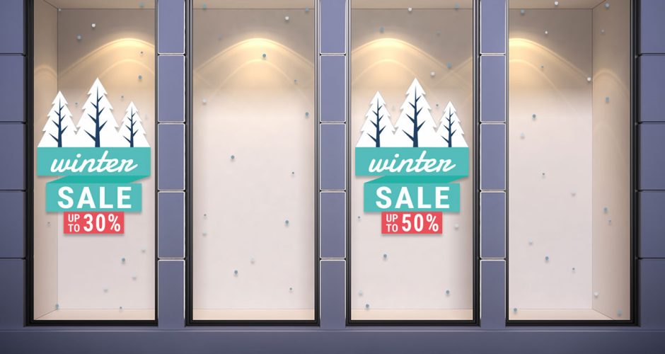Αυτοκόλλητα Εκπτώσεων & Προσφορών - Winter Sale - Με χιονισμένα Δέντρα και 100 χιονόμπαλες