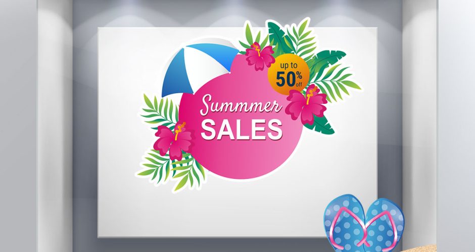 Αυτοκόλλητα Εκπτώσεων & Προσφορών - Summer Sales με ομπρέλα, άμμο και σαγιονάρες
