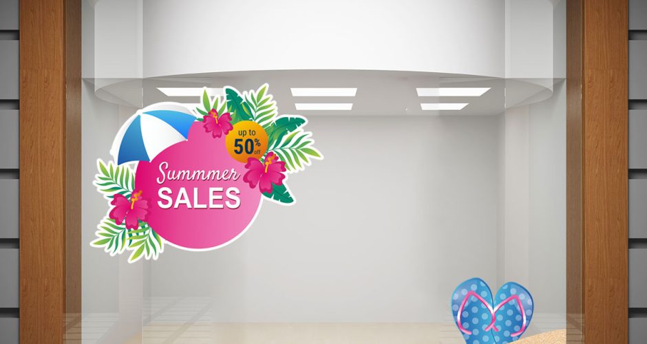 Αυτοκόλλητα Εκπτώσεων & Προσφορών - Summer Sales με ομπρέλα, άμμο και σαγιονάρες