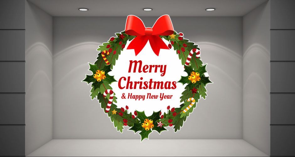 Αυτοκόλλητα Καταστημάτων - Merry Christmas & Happy New Year σε στεφανάκι