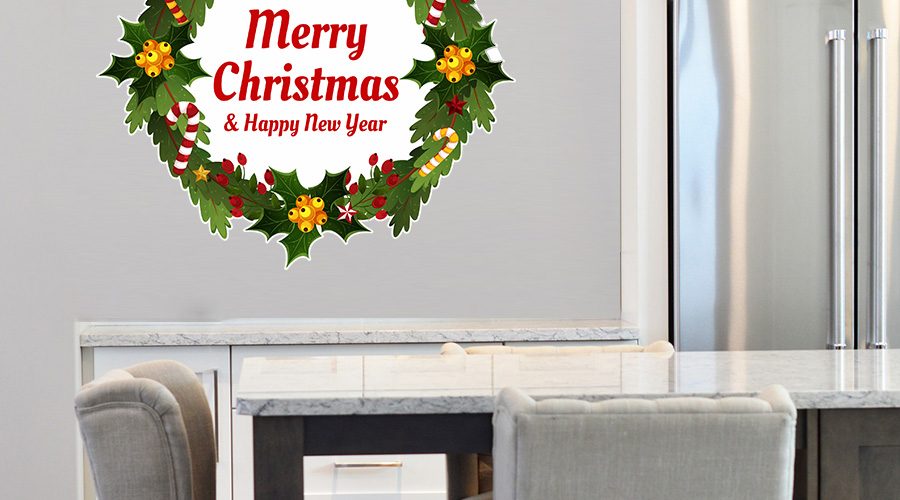 Αυτοκόλλητα Καταστημάτων - Merry Christmas & Happy New Year σε στεφανάκι