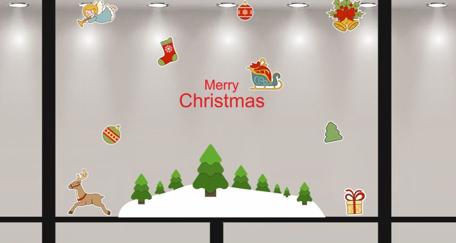 Αυτοκόλλητα Καταστημάτων - Merry Christmas, κρεμαστά στολίδια, έλατα