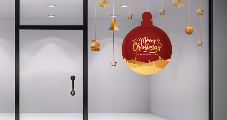 Αυτοκόλλητα Καταστημάτων - Χριστουγεννιάτικη Μπάλα με σχέδια και 12 κρεμαστά στολίδια