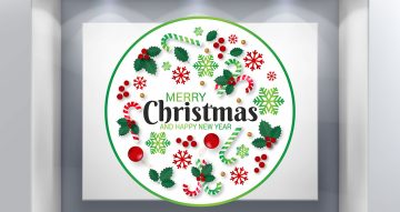 Αυτοκόλλητα Καταστημάτων - Merry Christmas - σε κύκλο με ευχές και στολίδια