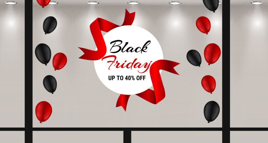 Αυτοκόλλητα Black Friday - Black Friday - Λευκός κύκλος, κορδέλες και 14 μπαλόνια
