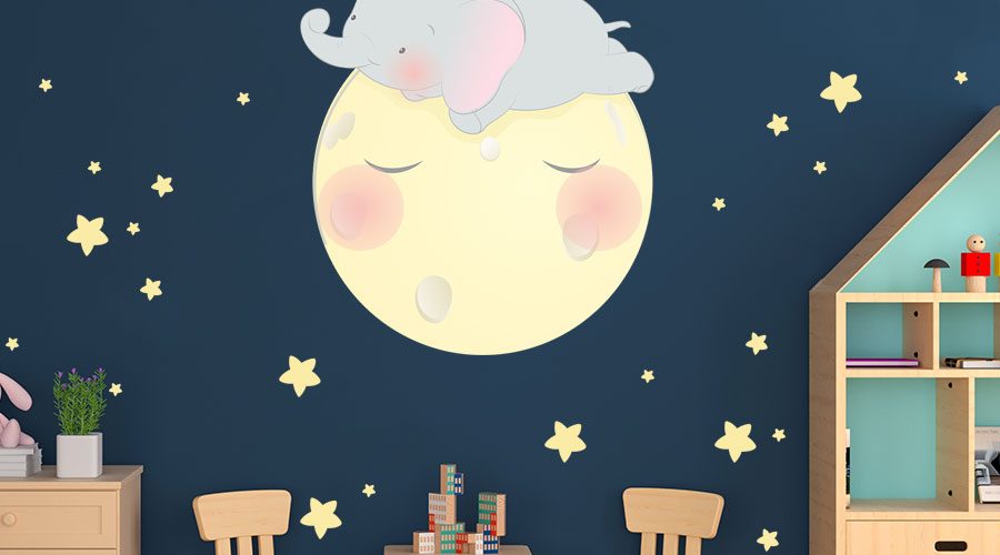Αυτοκόλλητα Τοίχου - Φεγγάρι και μικρό ελεφαντάκι με λαγουδάκι