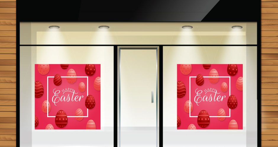Αυτοκόλλητα για το Πάσχα - Πασχαλινή Βιτρίνα - Happy Easter - Κόκκινο πλαίσιο και αυγά