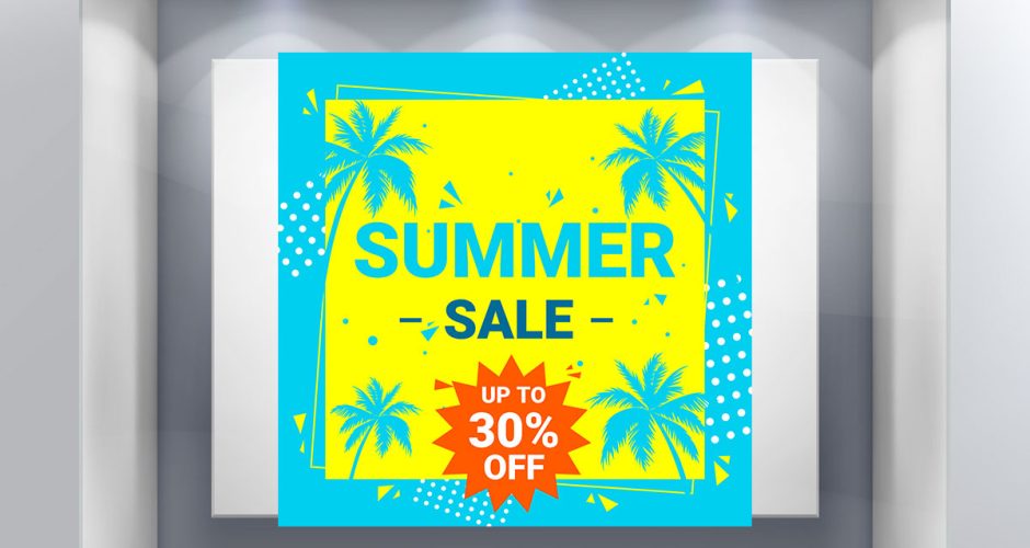 Αυτοκόλλητα Εκπτώσεων & Προσφορών - Summer Sale - Γαλάζιο-κίτρινο με το δικό σου ποσοστό