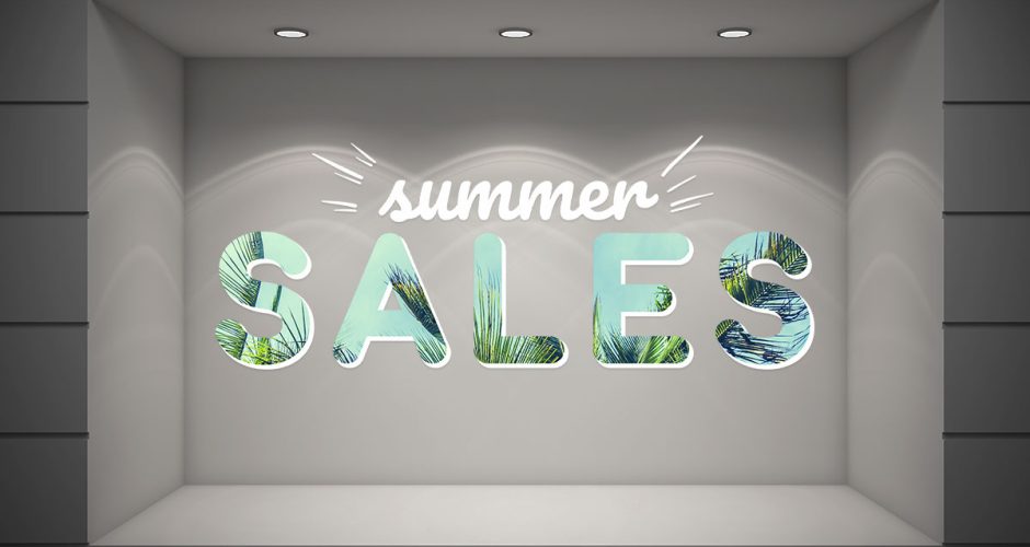Αυτοκόλλητα Εκπτώσεων & Προσφορών - Summer Sales - σε τροπικό φόντο