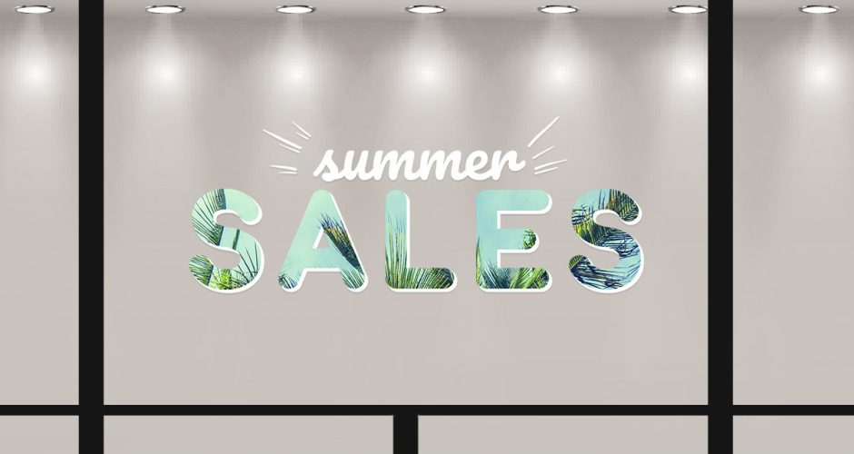 Αυτοκόλλητα Εκπτώσεων & Προσφορών - Summer Sales - σε τροπικό φόντο