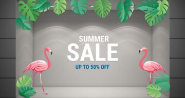 Αυτοκόλλητα Εκπτώσεων & Προσφορών - Summer Sale με 2 φλαμίνγκο και 14 τροπικά φύλλα