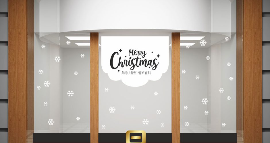 Αυτοκόλλητα Καταστημάτων - Merry Christmas - Σύνθεση με νιφάδες και μπορντούρα