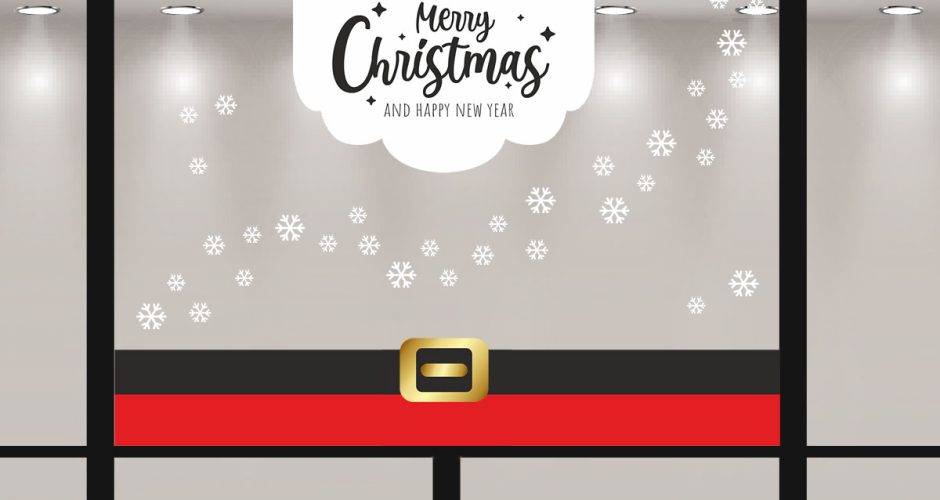 Αυτοκόλλητα Καταστημάτων - Merry Christmas - Σύνθεση με νιφάδες και μπορντούρα