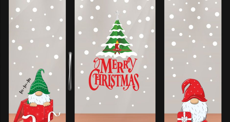 Αυτοκόλλητα Καταστημάτων - Merry Christmas - Σύνθεση με ξωτικά, δέντρο και χιονόμπαλες
