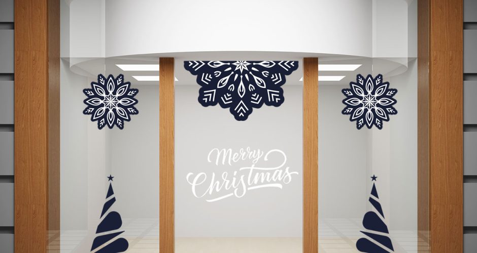Αυτοκόλλητα Καταστημάτων - Merry Christmas - Μοντέρνα Σύνθεση σε Λευκό-Μπλε σκούρο