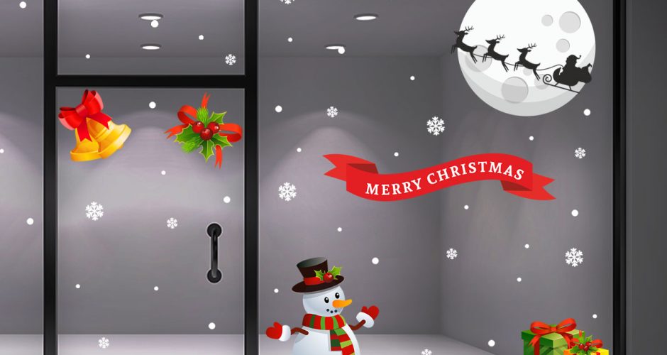 Αυτοκόλλητα Καταστημάτων - Καλά Χριστούγεννα με Φεγγάρι, Χιονάνθρωπο, το έλκηθρο του Άγιου Βασίλη και Δώρα
