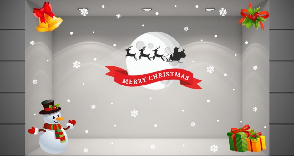 Αυτοκόλλητα Καταστημάτων - Καλά Χριστούγεννα με Φεγγάρι, Χιονάνθρωπο, το έλκηθρο του Άγιου Βασίλη και Δώρα