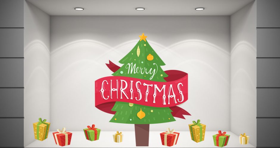 Αυτοκόλλητα Καταστημάτων - Merry Christmas με Δέντρο και πολλά Δώρα