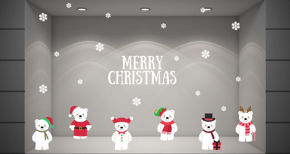 Αυτοκόλλητα Καταστημάτων - 6 Αρκουδάκια εύχονται Merry Christmas και 14 χιονονιφάδες!