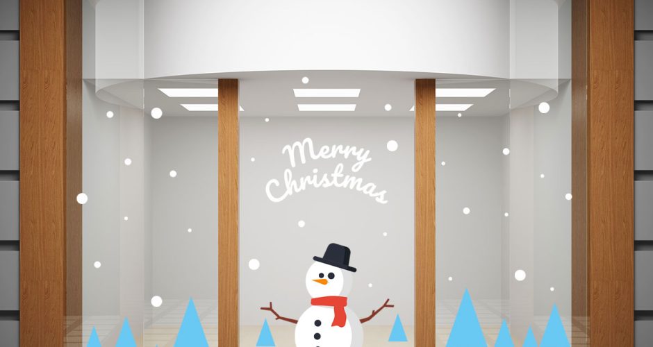 Αυτοκόλλητα Καταστημάτων - Merry Christmas με χιονάνθρωπο και γαλάζια δέντρα