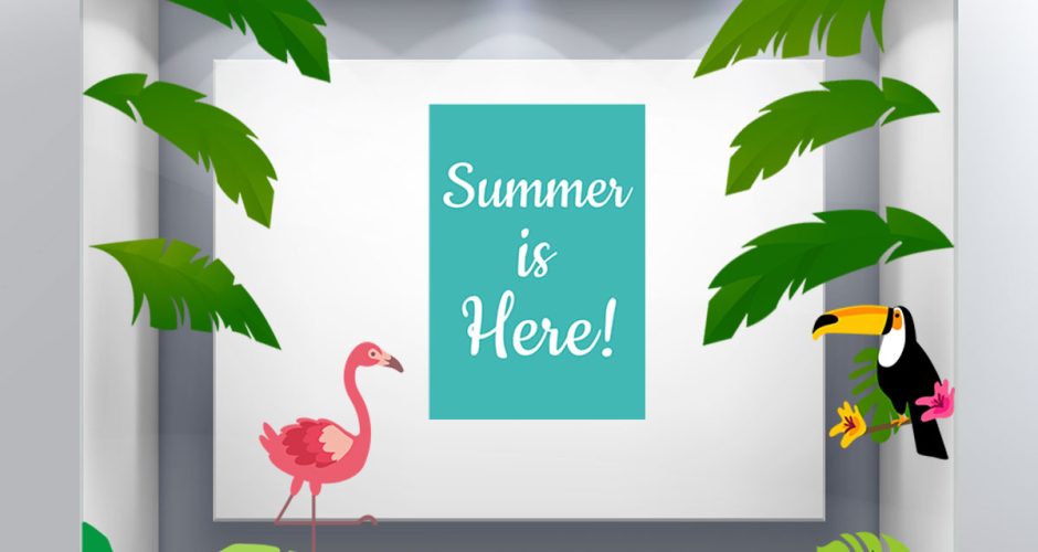 Αυτοκόλλητα Καταστημάτων - Summer is here με φλαμίνγκο και εξωτικά φυτά