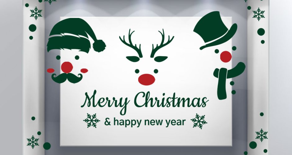 Αυτοκόλλητα Καταστημάτων - 3 χριστουγεννιάτικες φιγούρες με ευχές - Διχρωμία