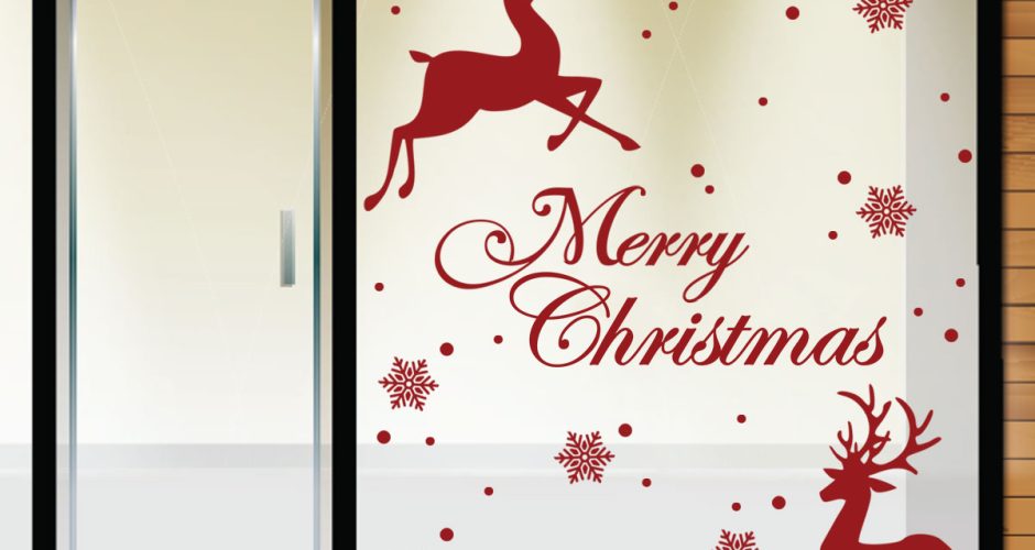 Αυτοκόλλητα Καταστημάτων - Merry Christmas με 2 ελάφια και νιφάδες