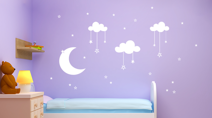 Αυτοκόλλητα Τοίχου - Φεγγάρι, σύννεφα και αστέρια