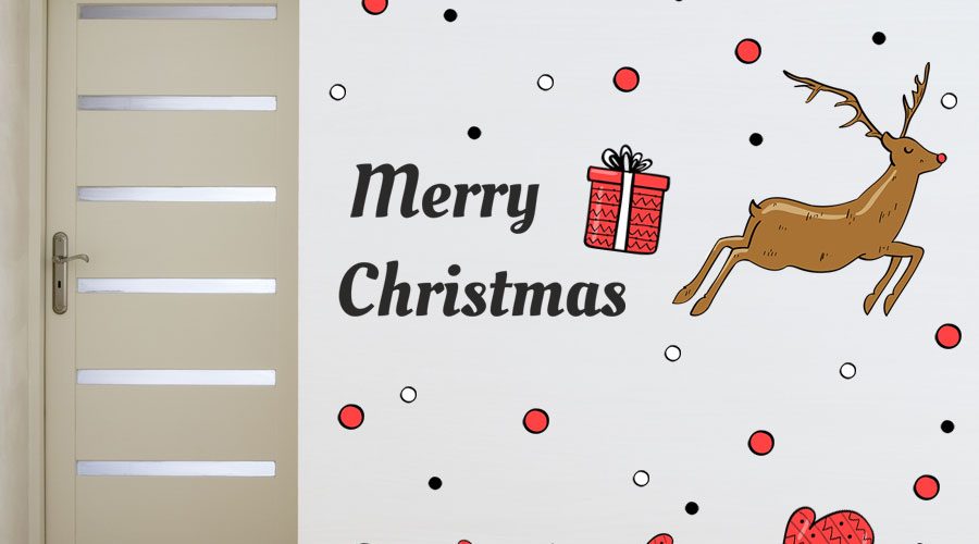 Αυτοκόλλητα Καταστημάτων - Ένα ελάφι με πολλά δώρα εύχονται Merry Christmas!