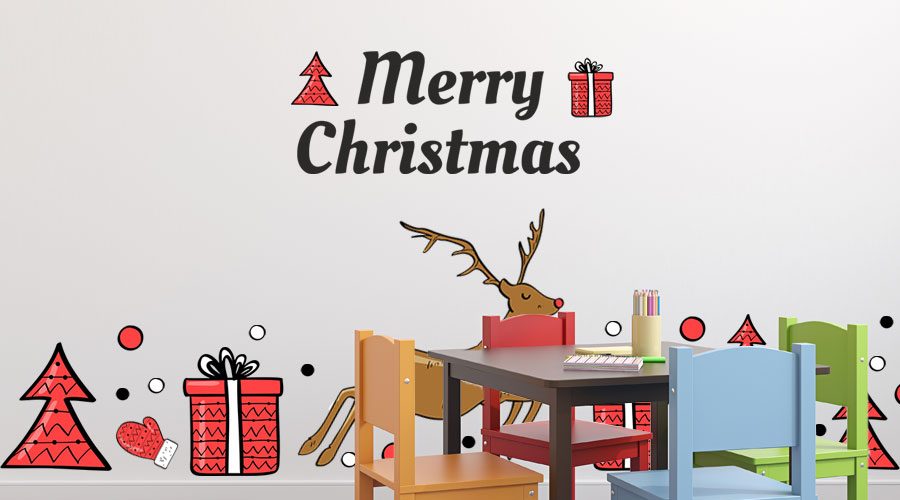 Αυτοκόλλητα Καταστημάτων - Ένα ελάφι με πολλά δώρα εύχονται Merry Christmas!