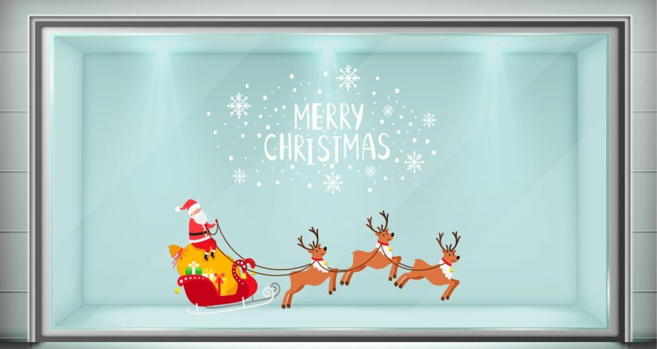 Αυτοκόλλητα Καταστημάτων - Χριστουγεννιάτικο αυτοκόλλητο - Έλκηθρο και Merry Christmas με νιφάδες