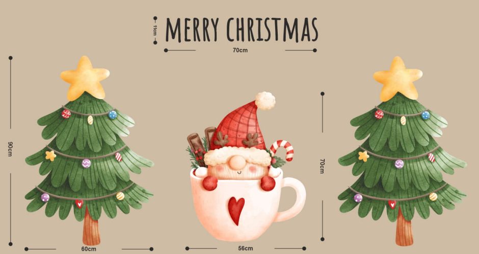Αυτοκόλλητα Καταστημάτων - Χριστουγεννιάτικο αυτοκόλλητο – Merry Christmas με Άγιο Βασίλη σε κούπα και χριστουγεννιάτικα δεντράκια