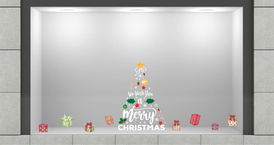 Αυτοκόλλητα Καταστημάτων - Χριστουγεννιάτικο δέντρο "We Wish you a Merry Christmas" με δώρα