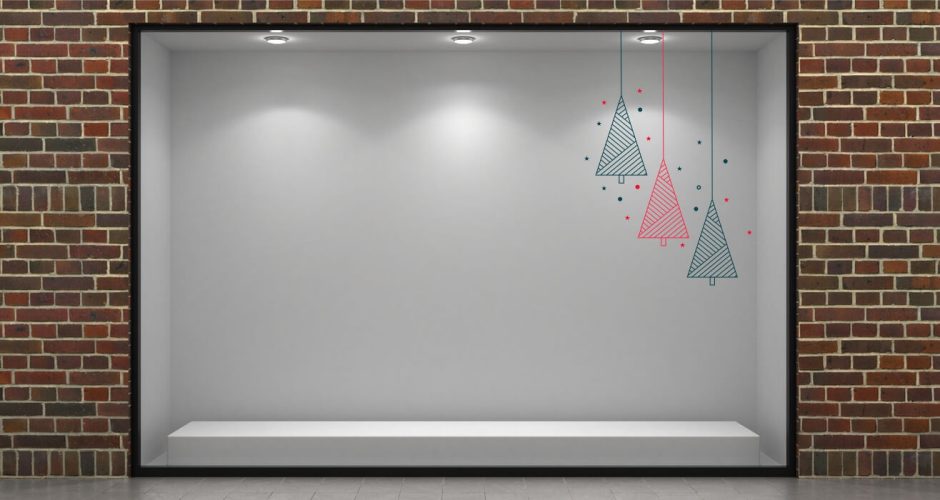 Αυτοκόλλητα Καταστημάτων - Red & Blue trees - Γεωμετρικά Χριστουγεννιάτικα δεντράκια βιτρίνας ή πόρτας