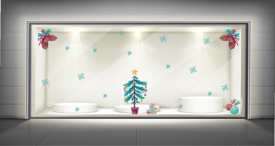 Αυτοκόλλητα Καταστημάτων - Christmas mood - Αυτοκόλλητο βιτρίνας με δέντρο νιφάδες και στολίδια