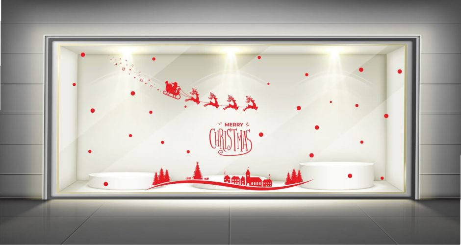Αυτοκόλλητα Καταστημάτων - "Merry Christmas" - Χριστουγεννιάτικο αυτοκόλλητο με Άγιο βασίλη και έλκηθρο