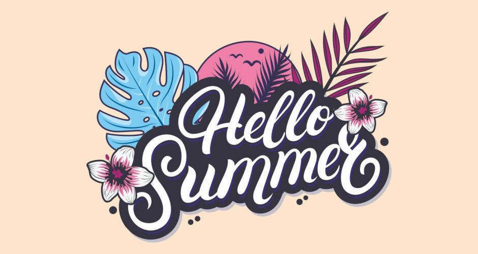 Αυτοκόλλητα Καταστημάτων - Καλοκαιρινή Διακόσμηση Βιτρίνας -  Hello summer με ήλιο και φύλλα