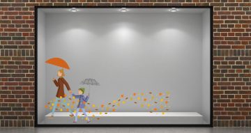 Αυτοκόλλητα Καταστημάτων - Φθινοπωρινή σύνθεση με γυναίκα και παιδί με ομπρέλες