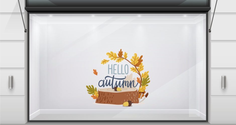 Αυτοκόλλητα Καταστημάτων - Hello autumn κορμός με φύλλα με το δικό σας κείμενο