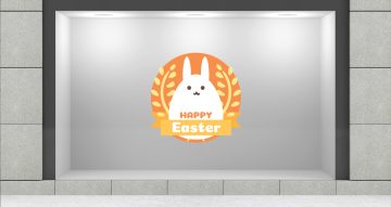 Αυτοκόλλητα για το Πάσχα - Πασχαλινή Βιτρίνα - "Happy Easter" σε κύκλο με κορδέλα και λαγό